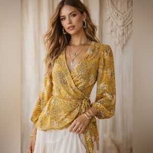 NWT LOFT Harvest Yellow Floral Wrap Peplum Blouse Size Medium